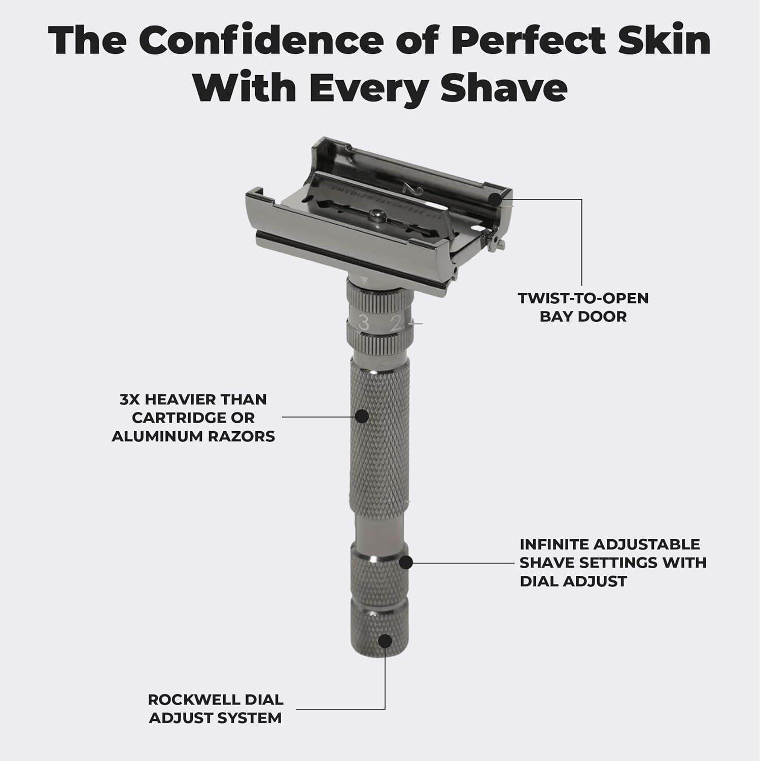 Rockwell T2 | Twist - To - Open (TTO) Double - Edge Safety Razor | Full Metal | Includes 5 Fully Recyclable Stainless Steel Blades (Gunmetal Chrome) - Smooth Shave