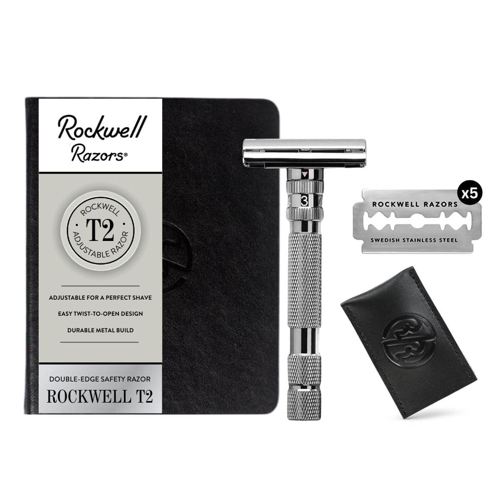Rockwell T2 | Twist - To - Open (TTO) Double - Edge Safety Razor | Full Metal | Includes 5 Fully Recyclable Stainless Steel Blades (Gunmetal Chrome) - Smooth Shave
