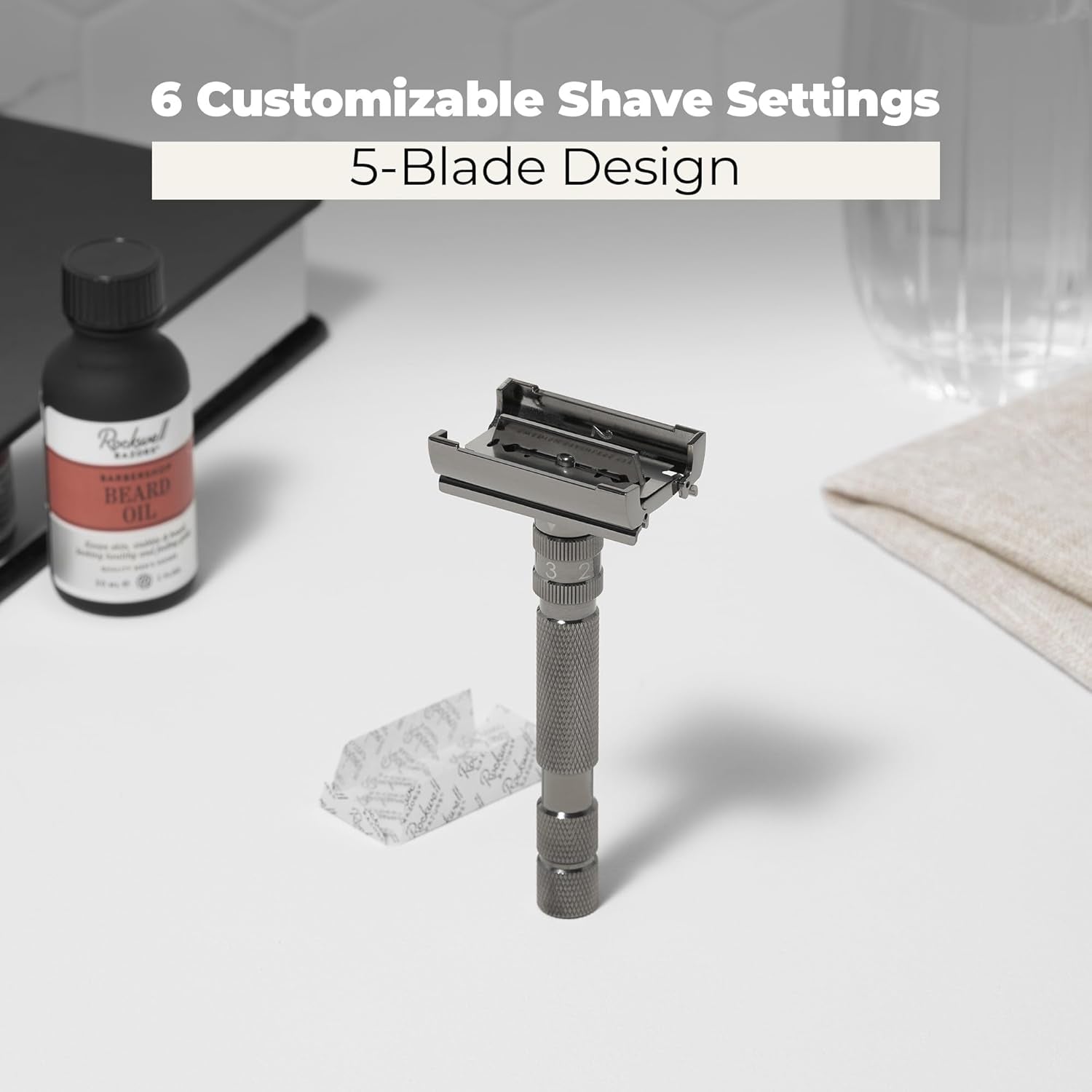Rockwell T2 | Twist - To - Open (TTO) Double - Edge Safety Razor | Full Metal | Includes 5 Fully Recyclable Stainless Steel Blades (Gunmetal Chrome) - Smooth Shave