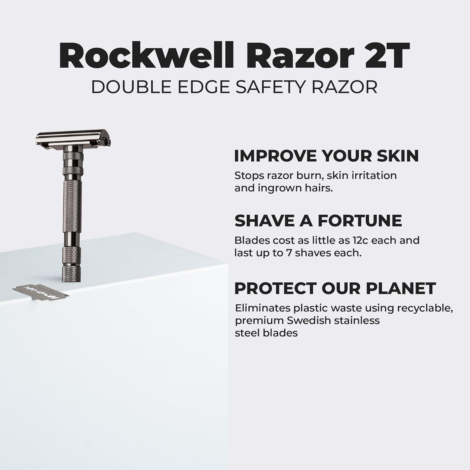Rockwell T2 | Twist - To - Open (TTO) Double - Edge Safety Razor | Full Metal | Includes 5 Fully Recyclable Stainless Steel Blades (Gunmetal Chrome) - Smooth Shave