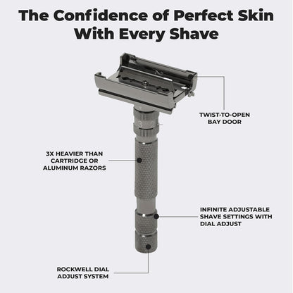Rockwell T2 | Twist - To - Open (TTO) Double - Edge Safety Razor | Full Metal | Includes 5 Fully Recyclable Stainless Steel Blades (Gunmetal Chrome) - Smooth Shave