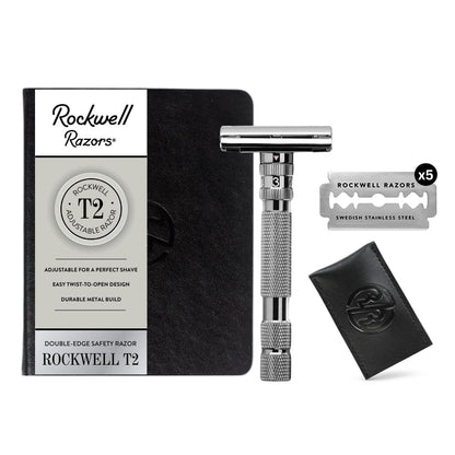 Rockwell T2 | Twist - To - Open (TTO) Double - Edge Safety Razor | Full Metal | Includes 5 Fully Recyclable Stainless Steel Blades (Gunmetal Chrome) - Smooth Shave