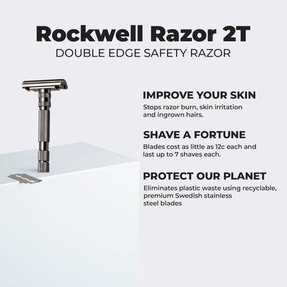 Rockwell T2 | Twist - To - Open (TTO) Double - Edge Safety Razor | Full Metal | Includes 5 Fully Recyclable Stainless Steel Blades (Gunmetal Chrome) - Smooth Shave